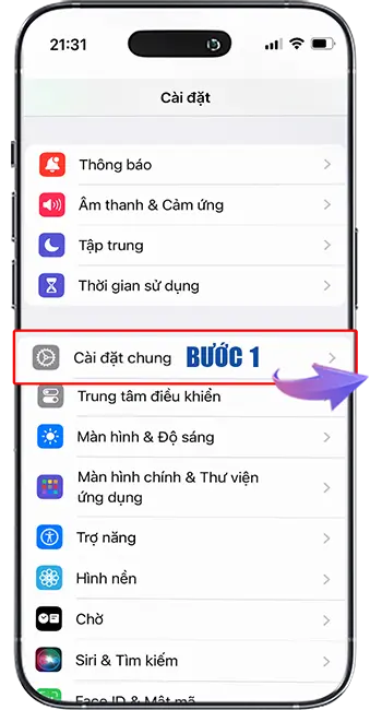Bước 1: Truy cập ứng dựng Cài đặt Chọn Cài đặt chung